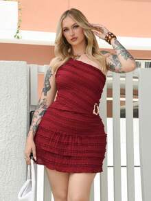 Arliah 优雅不对称领口上衣和荷叶边半身裙套装，夏季 - 酒紅色 - 查看 1