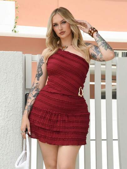 Arliah 优雅不对称领口上衣和荷叶边半身裙套装，夏季