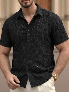 Manfinity VCAY Men's Woven Plain Velvet Thread Beaded Embroidery Short Sleeve Regular Fit Casual Shirt, Suitable For Daily Wear In Spring And Summer - Black - View 4