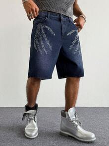 PAVTROS Men's Pocketed Button Rhinestone Embellished Casual Washed Denim Shorts - Purple - View 1