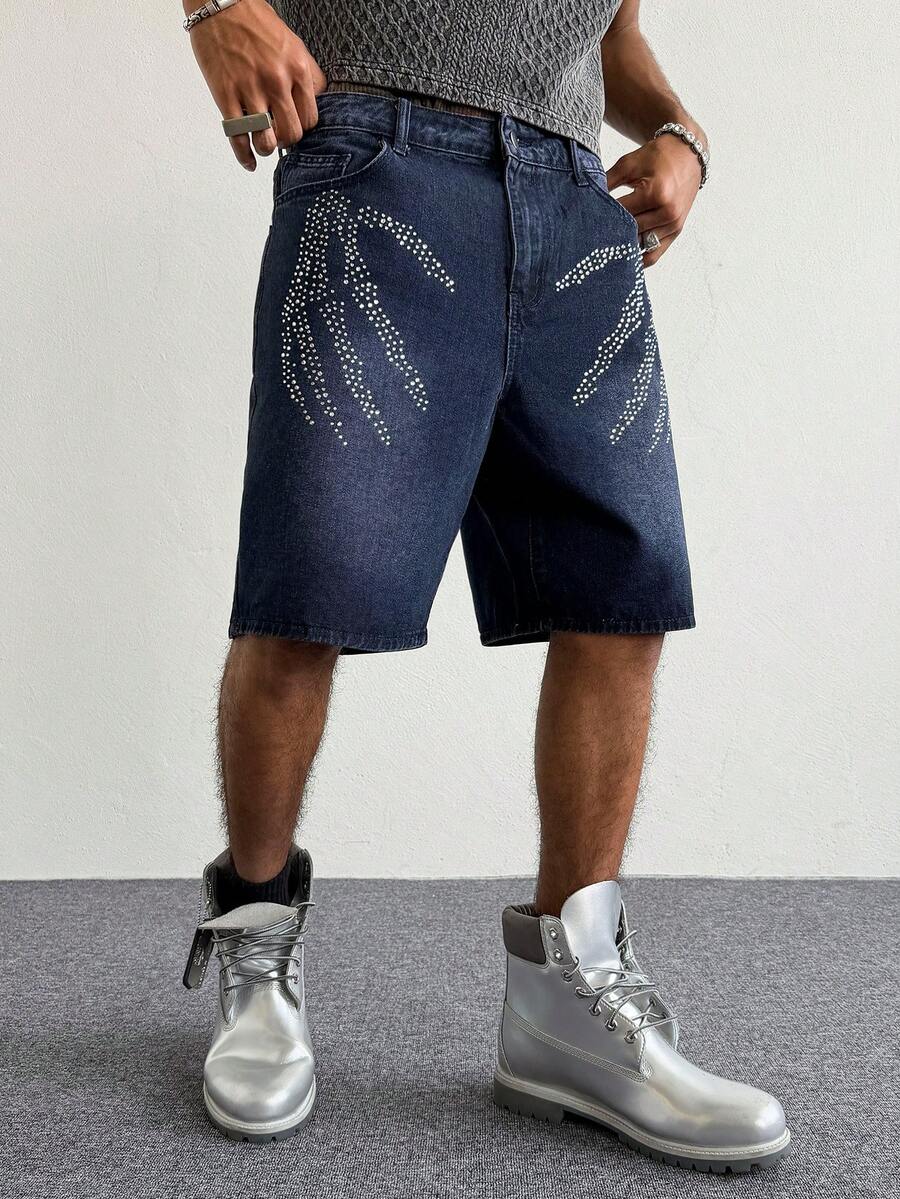 PAVTROS Men's Pocketed Button Rhinestone Embellished Casual Washed Denim Shorts - Purple - View 1