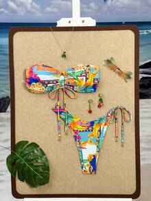 Swim Vcay Women's Sexy Tube Backless Tie Front Tropical Digital Print Bikini Set With Detachable Strap, For Beach Vacation Spring/Summer/Autumn - Multicolor - View 3