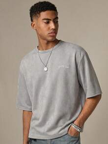 SWAVVY 男士标语刺绣圆领休闲宽松T恤 - 灰色 - 查看 2