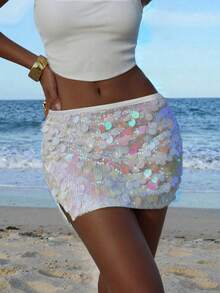 Mint Green Sequin A-Line Mini Skirt, Sexy Party & Vacation Style - Green - View 4
