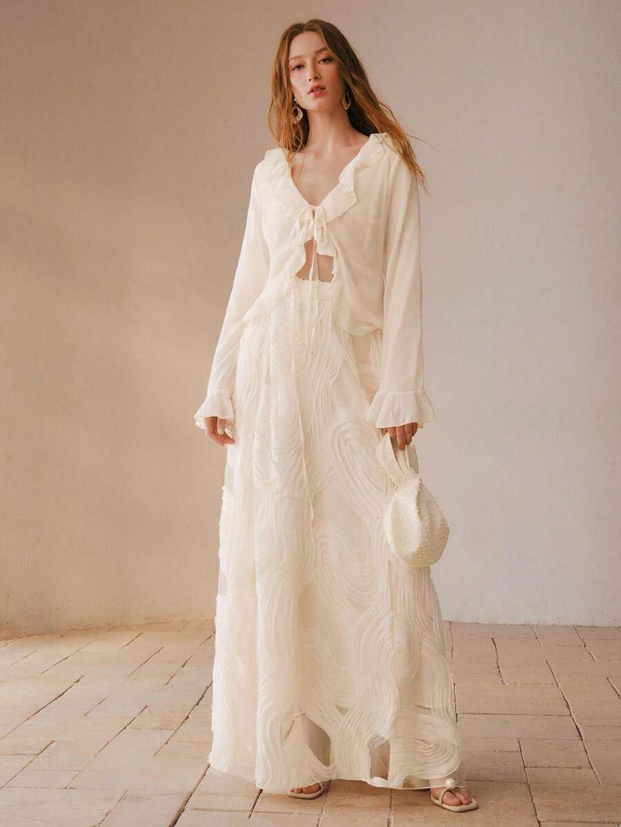 MOTF PREMIUM WOMEN'S ROMANTIC TEXTURED MESH JACQUARD SKIRT - Apricot - View 1