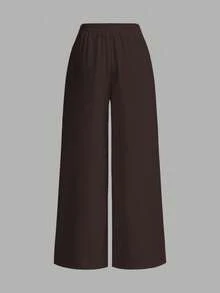 SHEIN EZwear 女士休闲度假阔腿裤，适合夏季和度假穿着 - 棕色 - 查看 3