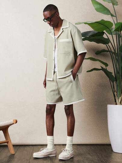  SUMWON Sage Textured Short Sleeve Button Up Shirt With Matching Waffle Knit Drawstring Shorts Summer Co-Ord Set Plain