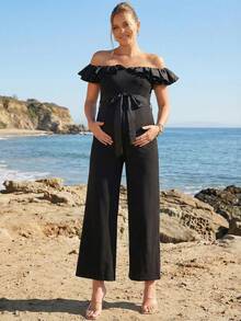 Loomaby Maternity Black And White Elegant Patchwork Ruffle Off Shoulder Wide Leg Jumpsuit,Summer Gender Reveal Baby Shower Dress,Spring Break Outfits Women - Black - View 11
