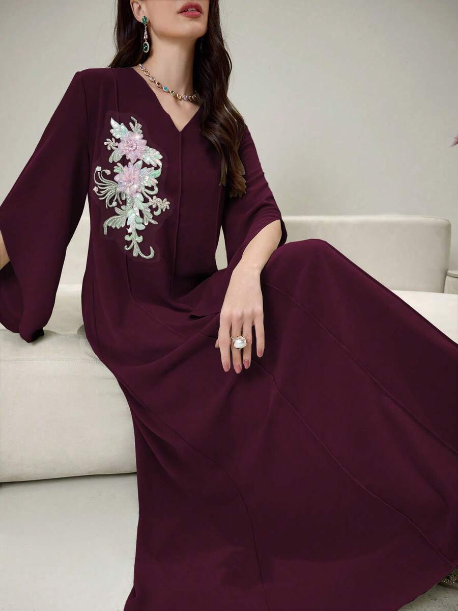 Yasmyna Contrast Color Patchwork Luxurious 3D Embroidered Applique V-Neck Long Sleeve Turkish Tunic - Burgundy - View 1
