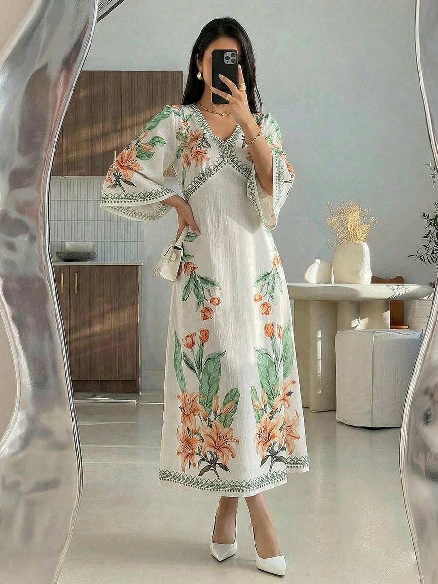 Al Najma Women's V-Neck Ruffle Hem Printed 3/4 Sleeve A-Line Dress - Multicolor - View 1