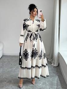 Elenzga Đầm mùa thu thanh lịch với họa tiết in dành cho nữ - Màu be - Xem 4