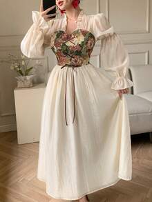 DAZY 女士优雅花卉拼接荷叶边系腰连衣裙，春夏婚礼宾客礼服 - 米色 - 查看 7