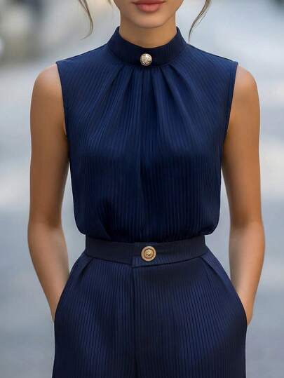 Balvessa Navy Blue Satin Striped Collar Ruffle Sleeveless Elegant Blouse For Women