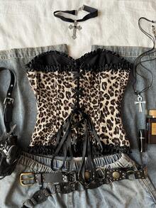 Attitoon 女士蝴蝶结装饰荷叶边豹纹无缝吊带背心 - 彩色 - 查看 9