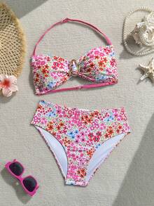 SHEIN Áo hai dây bikini họa tiết hoa nhí cho bé gái tuổi teen, thích hợp cho kỳ nghỉ hè ở bãi biển, với khóa kim loại trang trí. - Nhiều màu - Xem 3