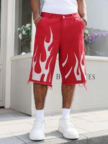 Manfinity LEGND Men's Casual Street Style Patch & Embroidered Red Denim Shorts - Flame scarlet - View 3