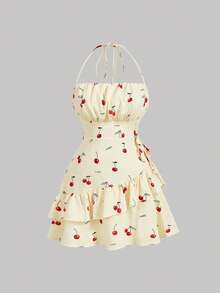 SHEIN MOD Plus Size Floral Print Ruffle Trim Tie Backless Ruched Bust Layered Halter Summer Short Dress Women S Dress Cherry Print Dress Ruffle Dress Strapless Dress Y2k Dresses,Summer,Festival ,Beach, Wedding ,Vacation - Multicolor - View 1