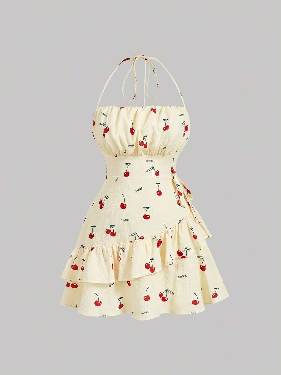 SHEIN MOD Plus Size Floral Print Ruffle Trim Tie Backless Ruched Bust Layered Halter Summer Short Dress Women S Dress Cherry Print Dress Ruffle Dress Strapless Dress Y2k Dresses,Summer,Festival ,Beach, Wedding ,Vacation - Multicolor - View 1