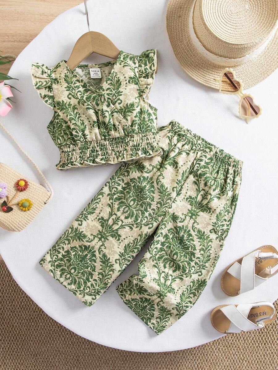 SHEIN Babygirl Vacation Casual Cute Floral Print Cap Sleeve Top And Elastic Waist Pants Set - Green - View 1