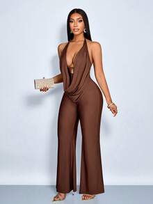 SOLERSUN 女士连体裤，性感优雅，适合通勤，简约设计，荷叶边领口，棕色针织面料，春夏女装，海滩度假，约会。 - 咖啡棕 - 查看 5