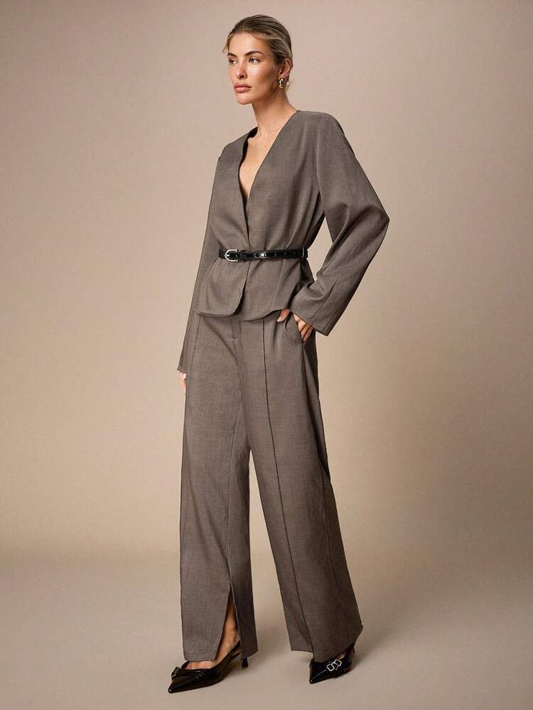 SHEIN Maija Valentine's Day Women's Casual Everyday Office Commute Solid Color Seam Front Split Hem Loose Wide Leg Pants Going Out High Waisted Pants Business Pants Business Casual Women Pants Spring Women Women's Work Valentine's Day Spring To Summer