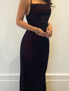 RebeccaVibe Vintage Sexy Mesh Slit Drawstring V-Neck Dress - Black - View 5