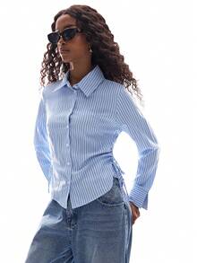 Ciel Poise Women's Blue And White Stripe Blouses,Autumn Chic City Break Slim Fit Waist Ruched Vertical Stripes Pointed Collar Curved Hem Urban Commute Blouse - Baby Blue - View 4