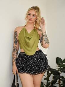 Arliah Solid Concert Draped Front Backless Party Halter Top - Green - View 3