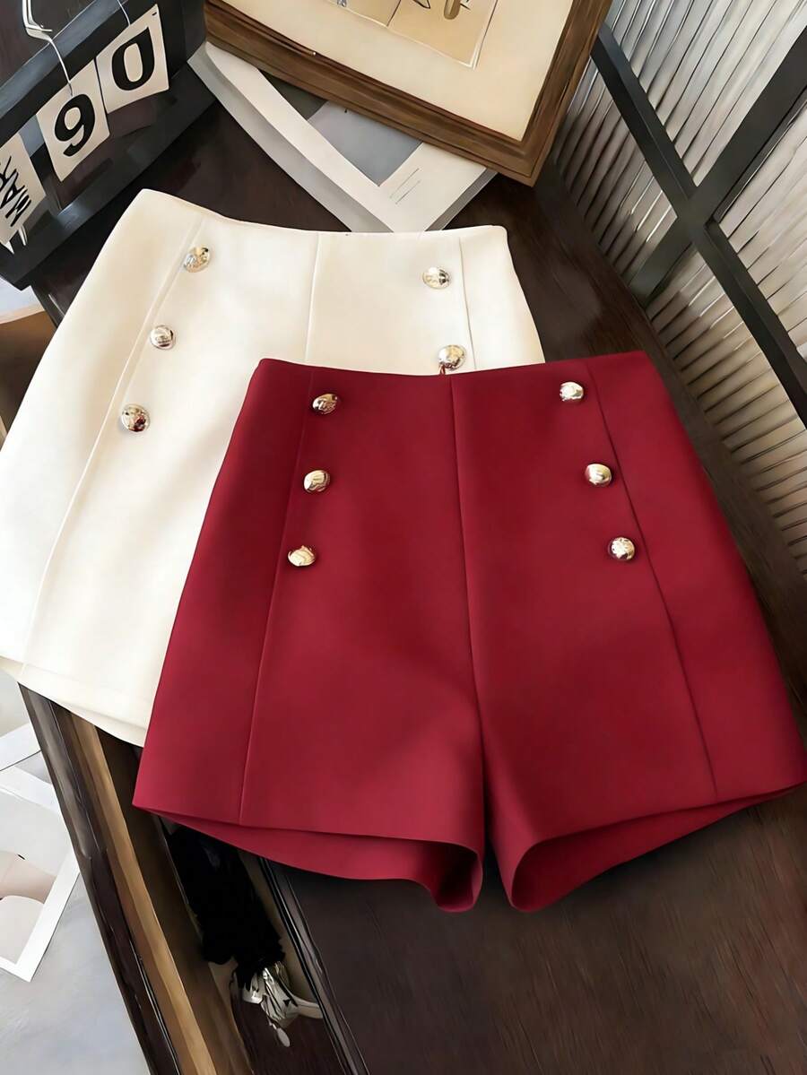 Franclia 时尚通勤休闲百搭修身金属扣前开衩女式短裤，酒红色，外套 - 酒紅色 - 查看 1