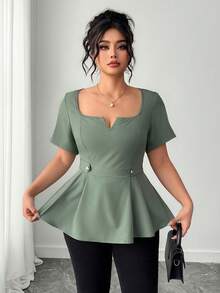 Elenzga Áo sơ mi nữ cỡ lớn thanh lịch, thường ngày, tay ngắn, cổ vuông, đa năng, màu xanh bạc hà, thích hợp cho mùa xuân/hè. - Màu xanh Ô liu - Xem 6