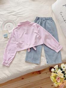 SHEIN Vintaside Kids 少女春季粉白条纹学院风翻领衬衫，适合休闲外出、上学、与朋友聚会、派对、情人节等场合。 - 粉色 - 查看 2