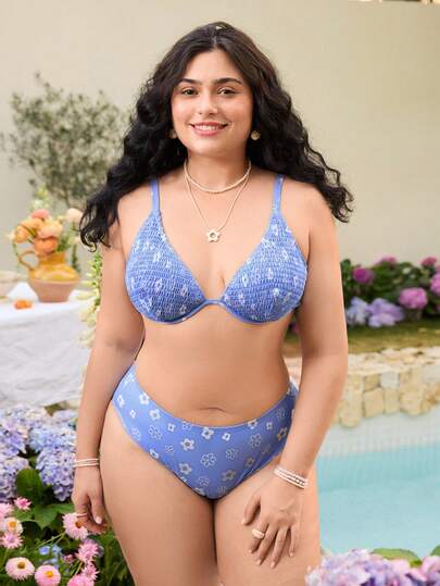 Swim Mod Summer Beach Vacation Floral Print Plus Size Women Swimsuit Set, Fresh Blue