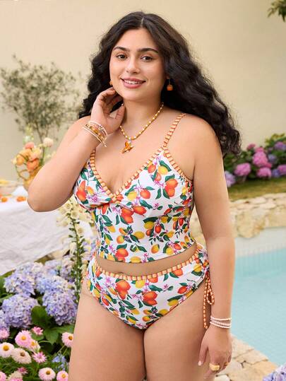 Swim Mod Conjunto de traje de baño de top tipo camiseta con cuello en V y estampado floral talla grande talla, y shorts de cintura alta con cordón, dulce y lindo, favorecedora, adecuado para la playa y vacaciones