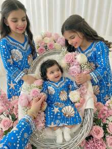 SHEIN 女婴V领贝壳和海星印花休闲派对长袖连衣裙 - 藍色 - 查看 3