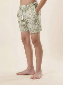 SUMWON 男童热带棕榈树菠萝印花泳裤，带抽绳腰带和侧袋，夏季海滩度假泳装 - 卡其色 - 查看 4