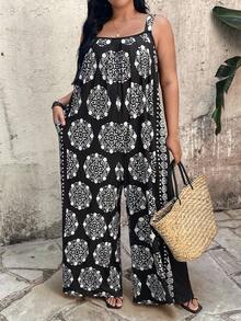 EMERY ROSE Black & White Classic Sleeveless Jumpsuit With Vintage Floral Print, Wide Leg Plus Size - Black - View 4
