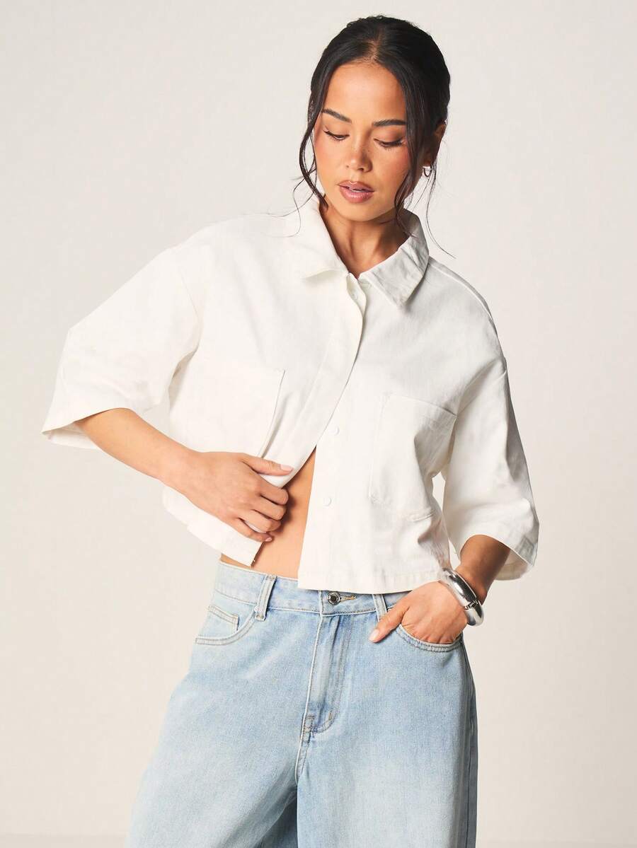 MISSGUIDED Chaqueta vaquera con botones delanteros oversize, cuello clásico y bolsillo en el pecho para capas casuales en primavera y verano - Blanco - Ver 1