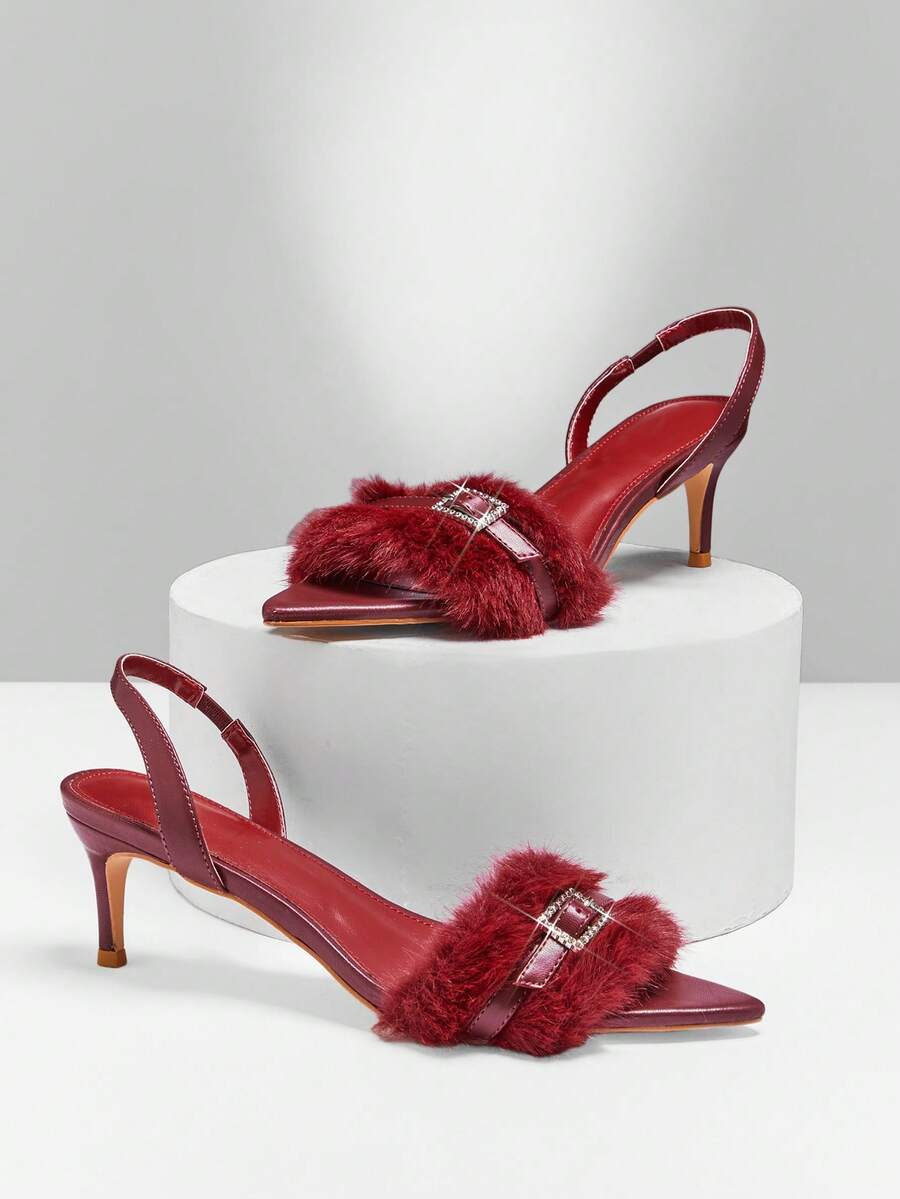 SHUZIA Women's Elegant Pointed Toe Faux Fur Decor Kitten Heel Sling-Back Sandals Valentine's Day - Red - View 1