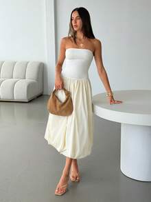 Aloruh Women's Apricot Elegant Romantic Modern Fashionable Date Night Dinner Daily Commute Fitted Waist Ruched Strapless Dress, Spring/Summer - Apricot - View 6