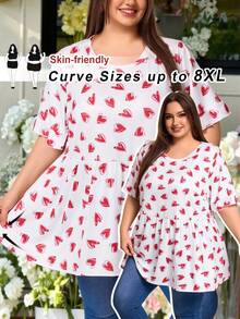 SHEIN CURVE+ CURVE PLUS /Valentine's Day/Plus Size Women's Casual Waffle Knit Ruffle Sleeve Black T-Shirt - Multicolor - View 1