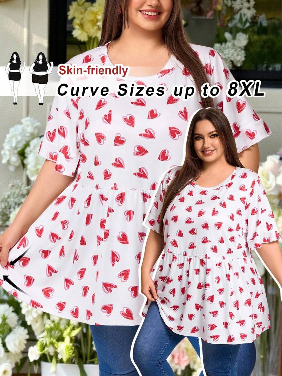 SHEIN CURVE+ CURVE PLUS /Valentine's Day/Plus Size Women's Casual Waffle Knit Ruffle Sleeve Black T-Shirt - Multicolor - View 1