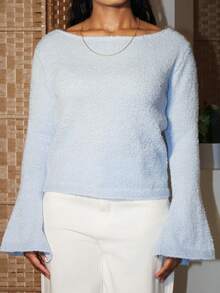 Steph T 女士新款优雅休闲日常百搭都市通勤套头针织毛衣，蓝色圆领长喇叭袖，开衩袖口，适合秋冬季，教师装，舒适秋季 - 藍色 - 查看 5