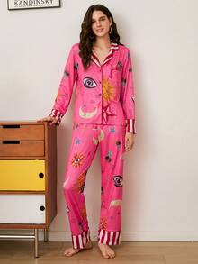 情人节年轻时尚活力日月星眼条纹印花翻领开衫女式睡衣套装 - 彩色 - 查看 3