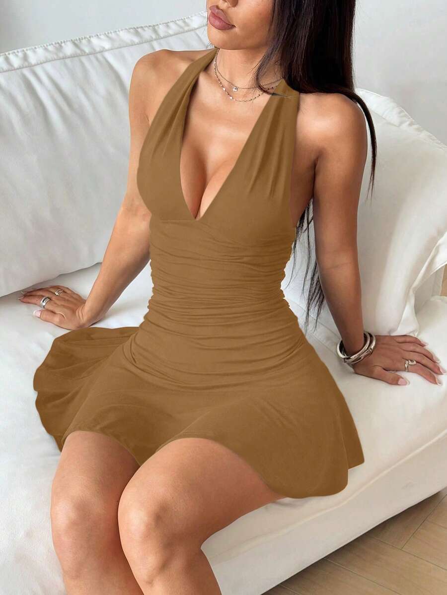 SHEIN Unity Chocolate Brown Halter Neck Sexy Mini Dress, Casual Resort Wear, Spring/Summer, Petite Women Club Night - Gold - View 1