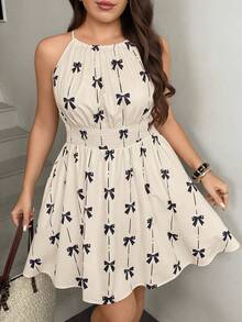 SHEIN LUNE Plus Size Women's Cute Halter Neck Dress With Bow Print,Summer Holiday Beach Sundress,Black And White Vacation Carnival Outfit Valentine's Day - Apricot - View 7