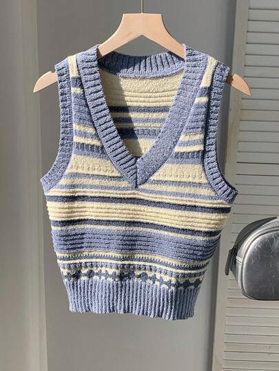 Comfortcana 女士V领撞色条纹针织背心，甜美时尚，休闲日常穿着，适合春夏穿着