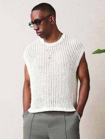 SUMWON Men's Crop Fit Sleeveless Knitted Vest With Crew Neck Ribbed Texture For Casual Spring Summer Layering Vintage Style Knit Top