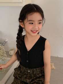 Dazy Kids 女童纯色V领单排扣休闲背心（夏季款） - 黑色 - 查看 6