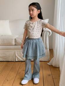 DAZY Young Girl Elastic Waist Mesh Patchwork Ruffle Hem 2 In 1 Pants - Blue - View 5