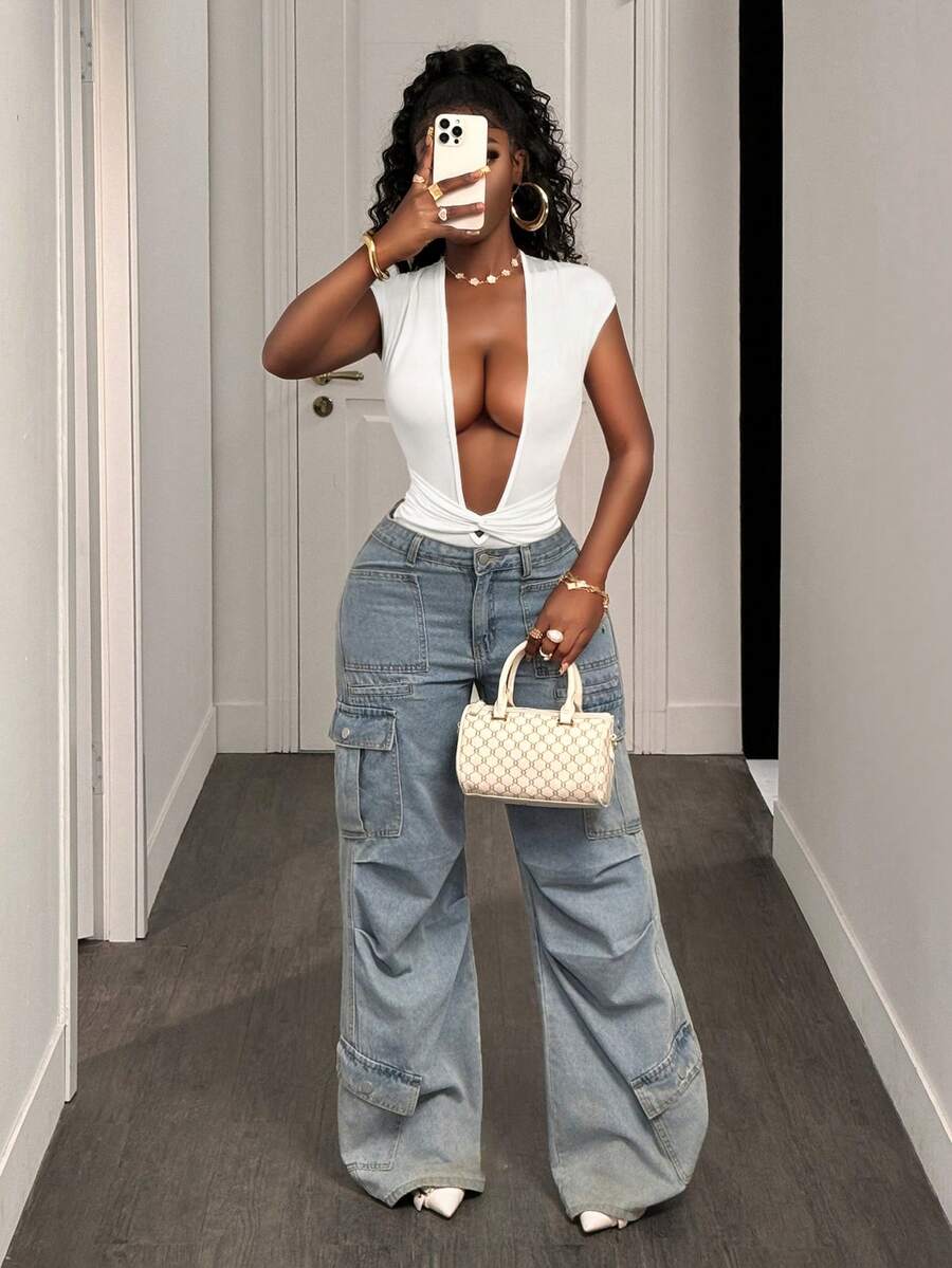 BamGleam Fashionable Deep V-Neck Knit Bodysuit, Stretchy & Skin-Friendly - White - View 1